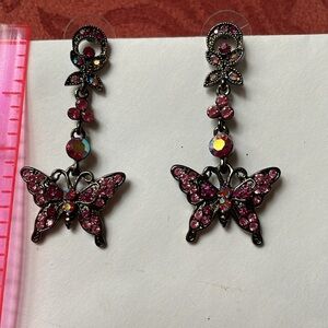 Crystal Butterfly Dangle post earrings. Pink stones sparkle